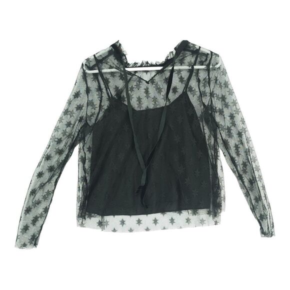 Zara XS Small Black Star Lace Top with Brooch - Picture 3 of 10